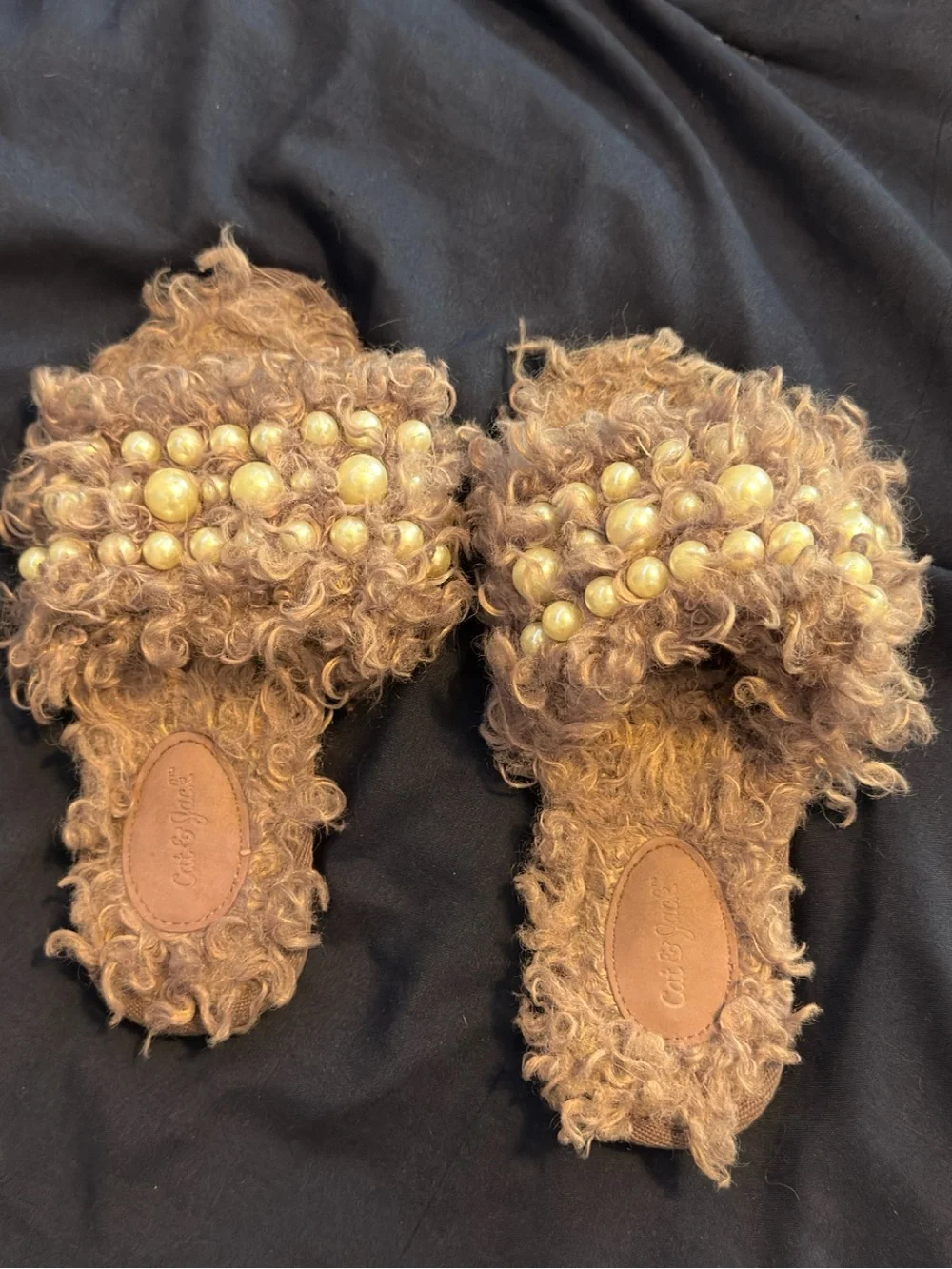 Fuzzy purple Pearl-Embellished Slide Sandals